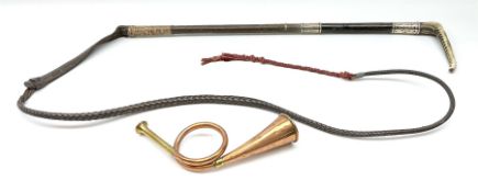 Hunting whip with horn grip and twin silver collars by callow