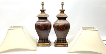 Pair Oriental table lamps decorated with birds in a tree with fruit