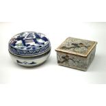 Chinese lidded square box decorated with birds perched on a tree with blossom H4cm and a Chinese blu