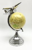 Art Deco style world globe with chrome aeroplane finial and mounts