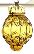 Continental ceiling light amber glass encased in an iron frame 38cm.