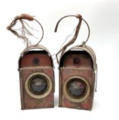 Pair of mid 20th century Kenyons red painted parafin road warning lamps