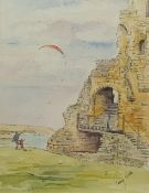 Penny Wicks (British 1949-): Flying a Kite at Scarborough Castle