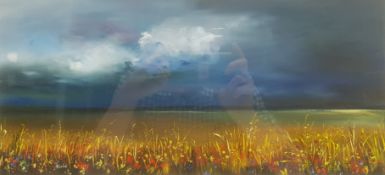 Lillias Blackie (Scottish 1943-): Stormy Sky above a Flowered Field