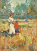 Impressionist School (20th century): Mother and Child in a Flower Meadow