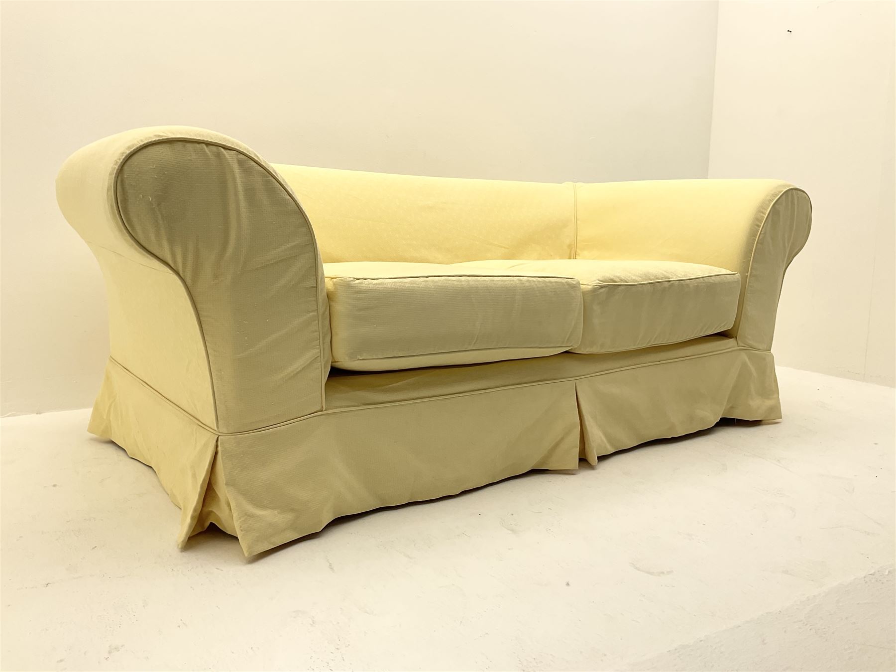 Pair traditional two seat sofas upholstered in pale yellow cover - Image 2 of 6