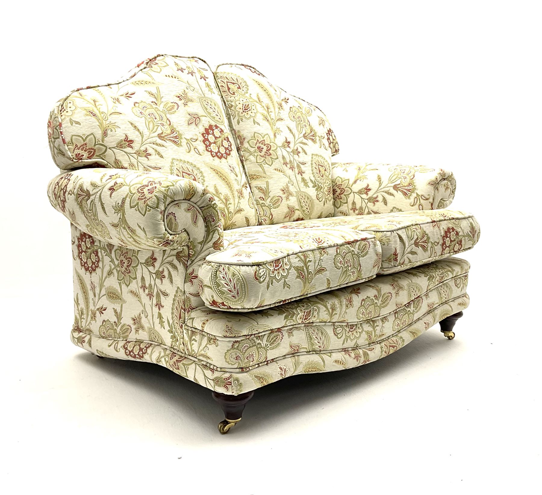 Pair traditional shaped two seat sofas upholstered in floral pattern and cream ground fabric - Image 2 of 4