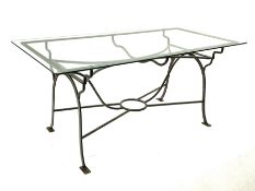Wrought metal rectangular glass top conservatory/garden table and six chairs