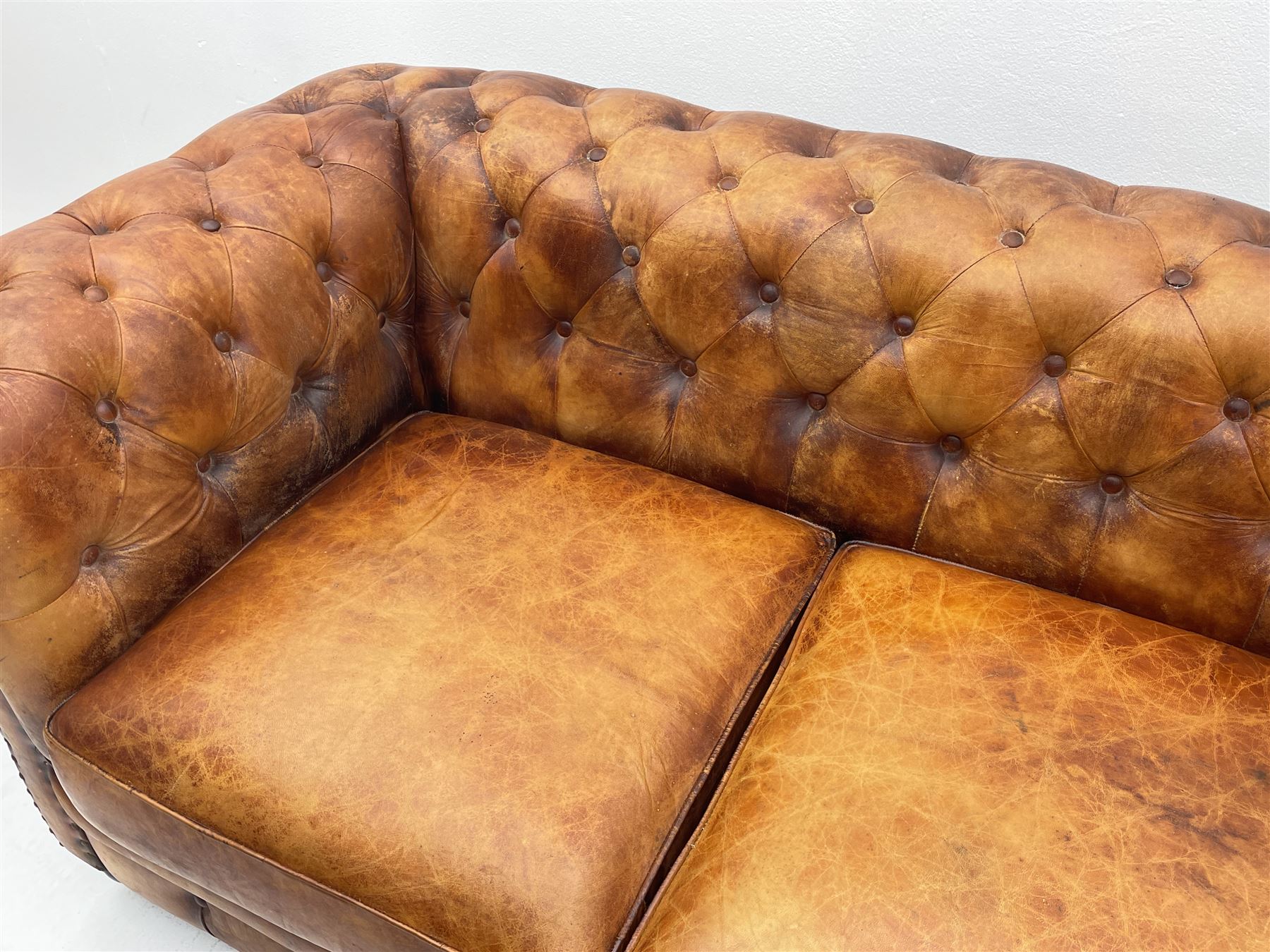 Two seat Chesterfield sofa upholstered in antique finish tan buttoned leather - Image 3 of 3