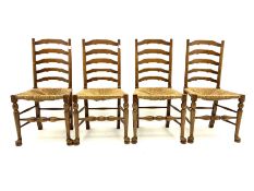 Light oak drop leaf dining table and four ladder back chairs with seats
