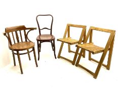 Pair mid to late 19th century folding hardwood chairs and two bentwood chairs