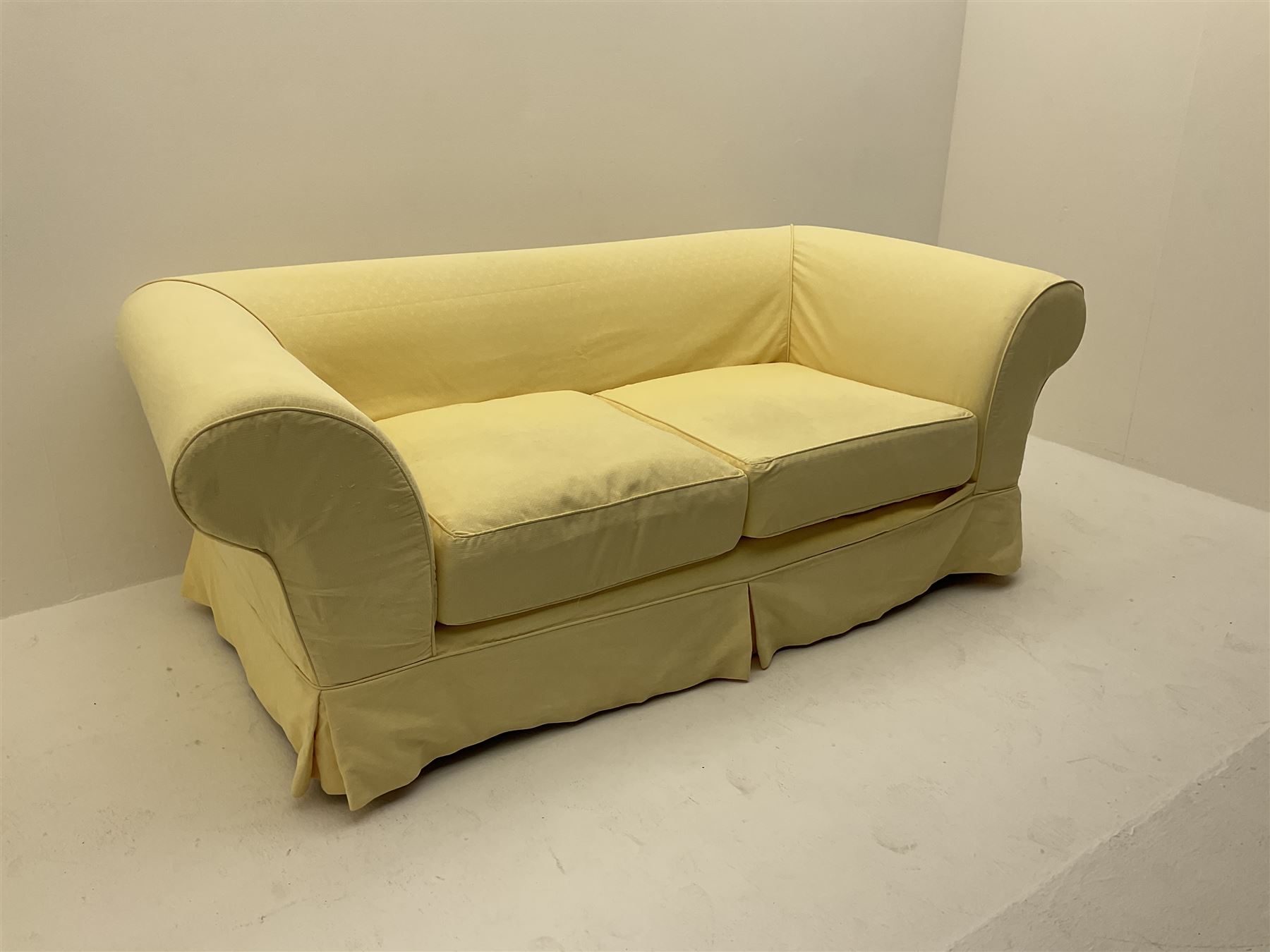 Pair traditional two seat sofas upholstered in pale yellow cover - Image 5 of 6