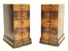 Pair Art Deco period figured walnut pedestal bedside lamp chests