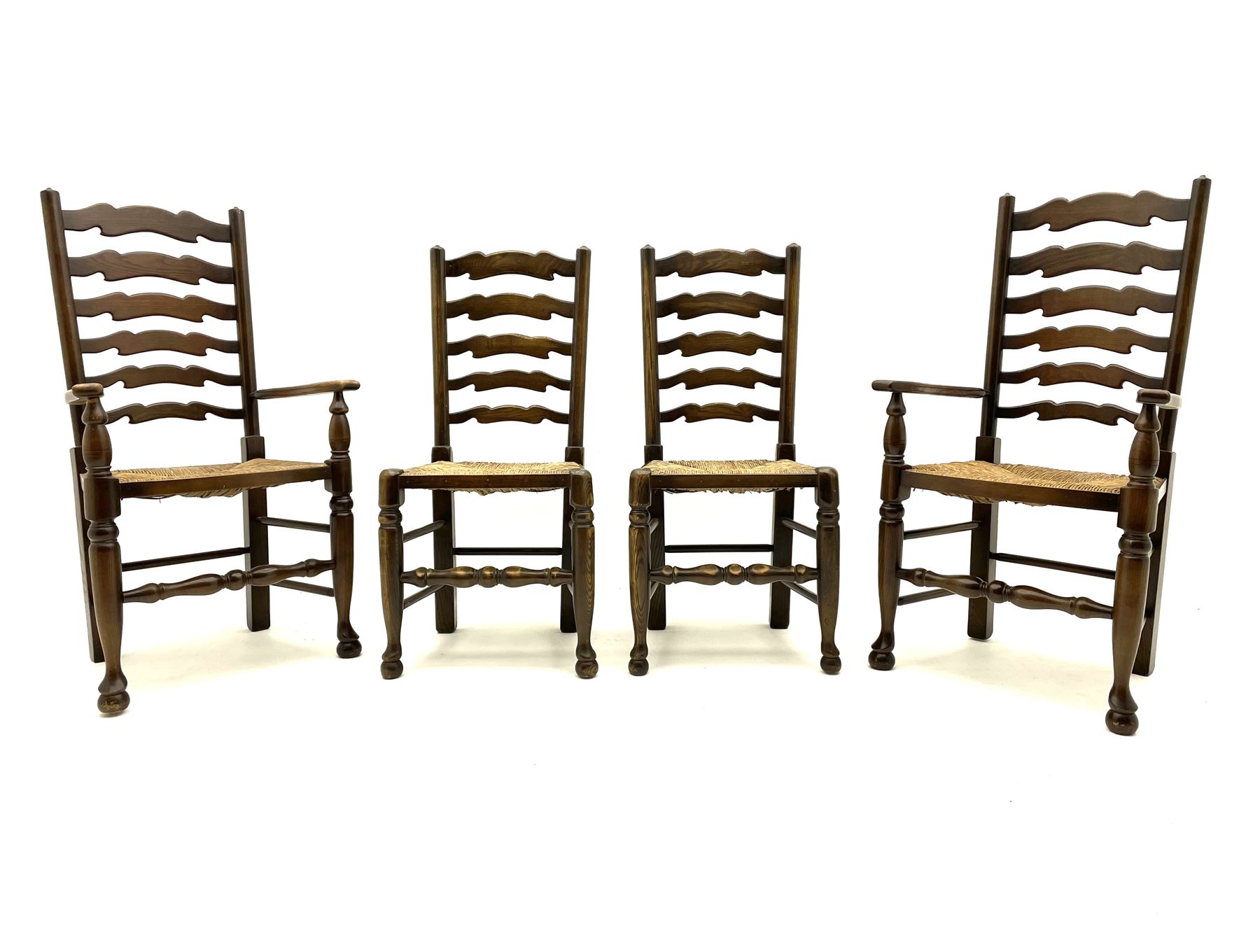 Set four (2+2) late 20th century stained ash farmhouse style dining chairs