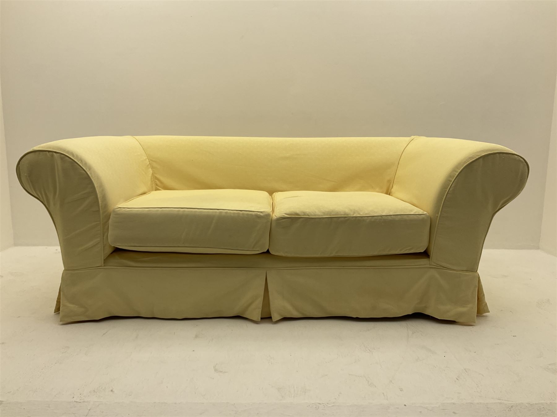 Pair traditional two seat sofas upholstered in pale yellow cover - Image 3 of 6