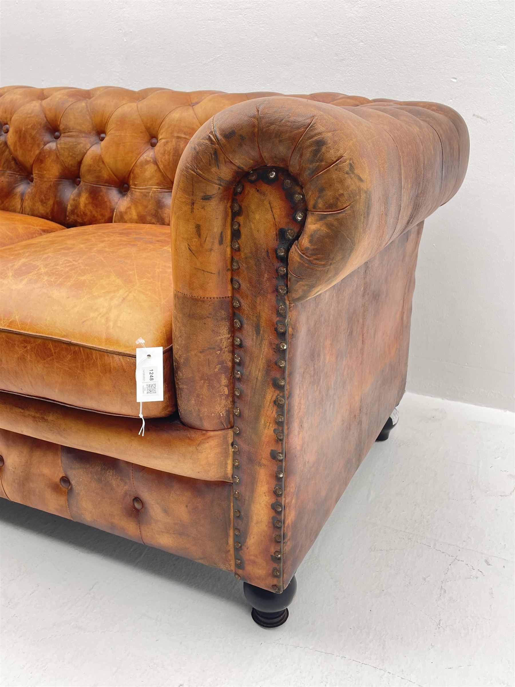 Two seat Chesterfield sofa upholstered in antique finish tan buttoned leather - Image 2 of 3