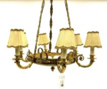 Mid 20th century brass saucer design six branch chandelier centre light fitting