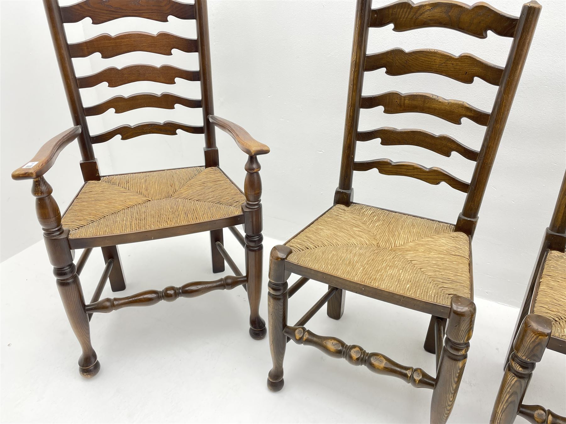 Set four (2+2) late 20th century stained ash farmhouse style dining chairs - Image 3 of 3
