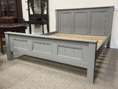 Grey painted King size bedstead with panelled back and footboard