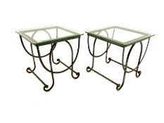 Pair wrought metal and glass top side/lamp tables