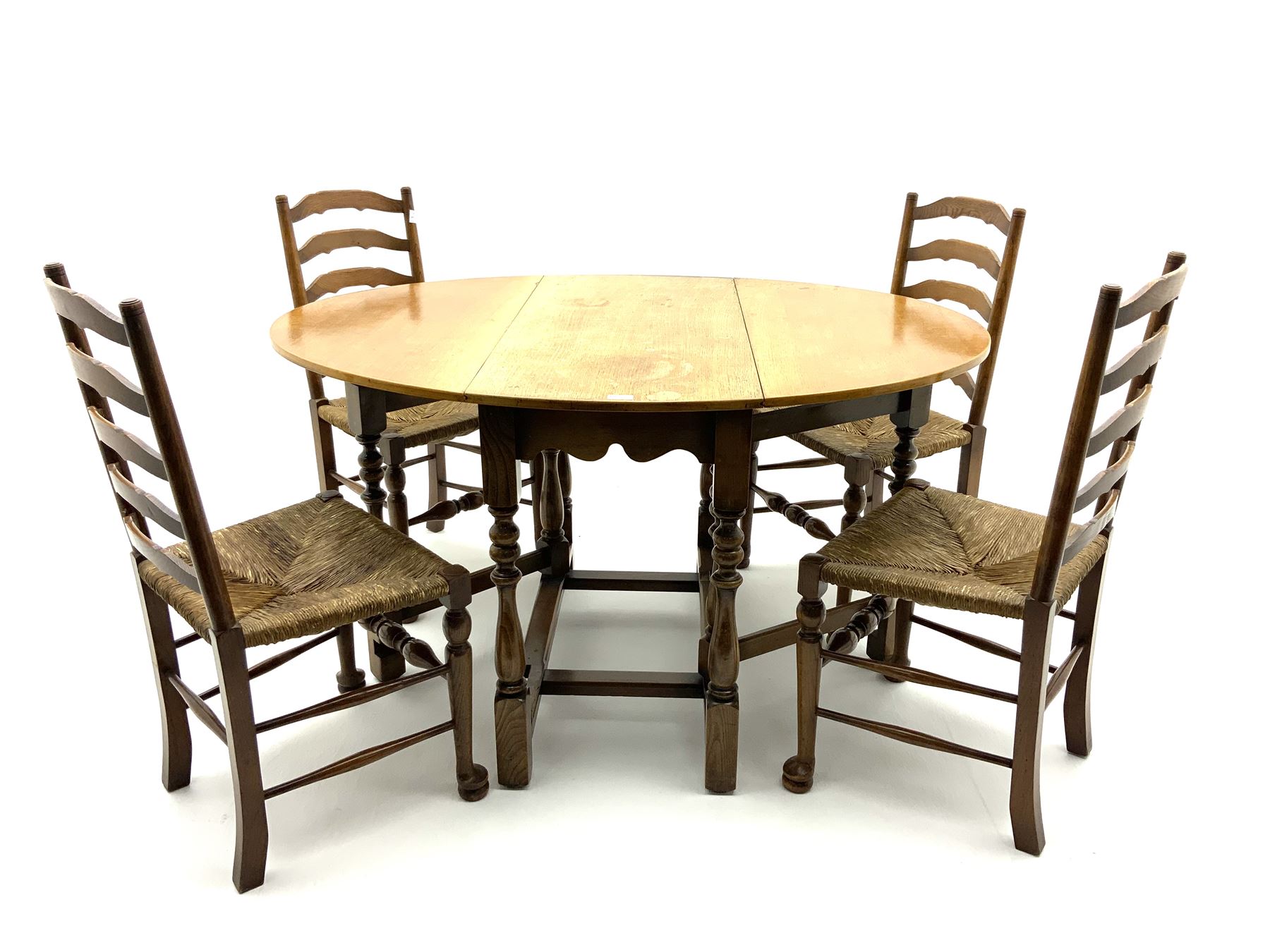 Light oak drop leaf dining table and four ladder back chairs with seats - Image 2 of 3