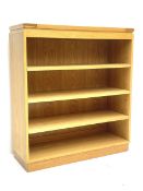 Solid light oak open bookcase fitted with three adjustable shelves