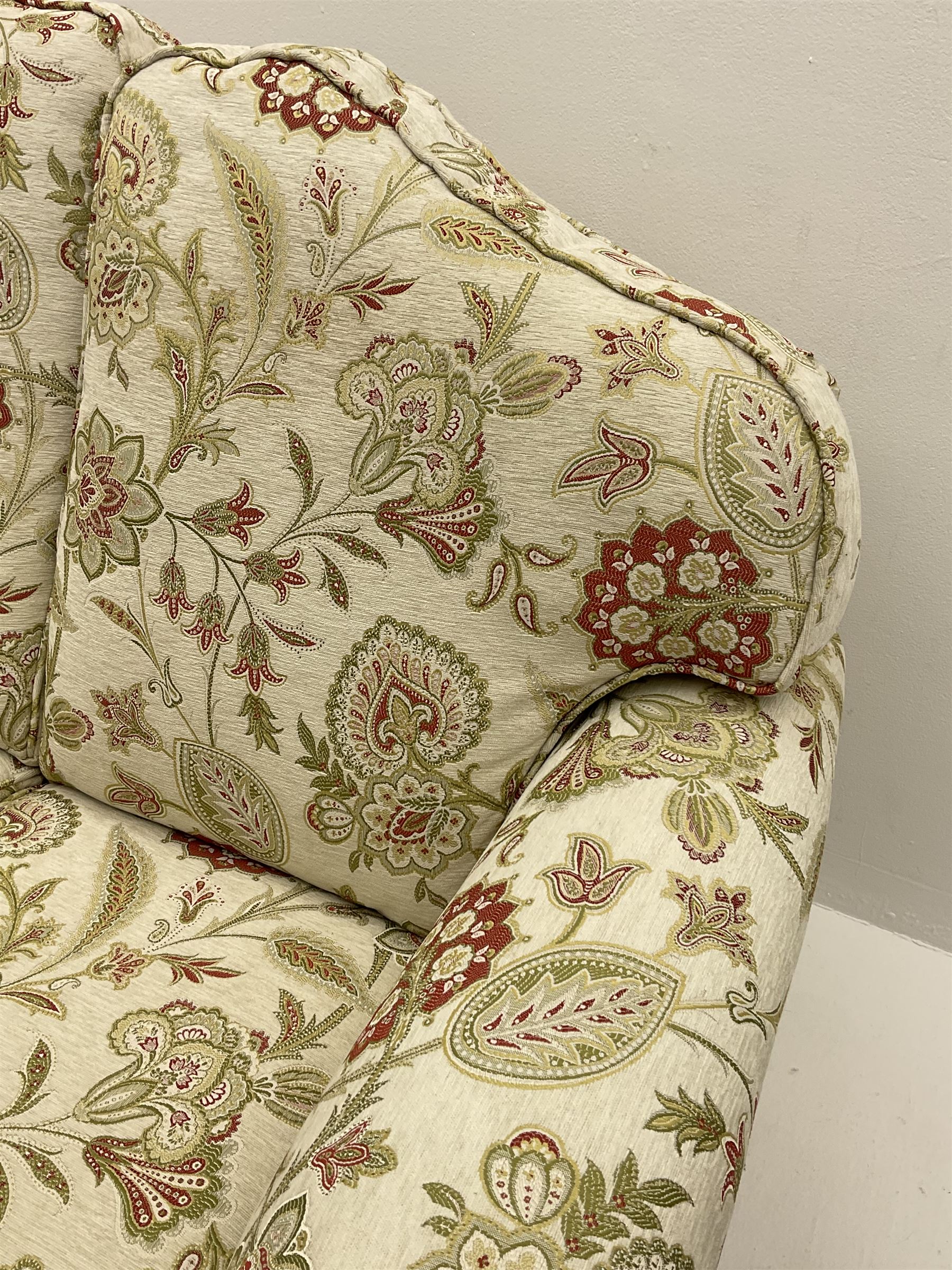 Pair traditional shaped two seat sofas upholstered in floral pattern and cream ground fabric - Image 3 of 4