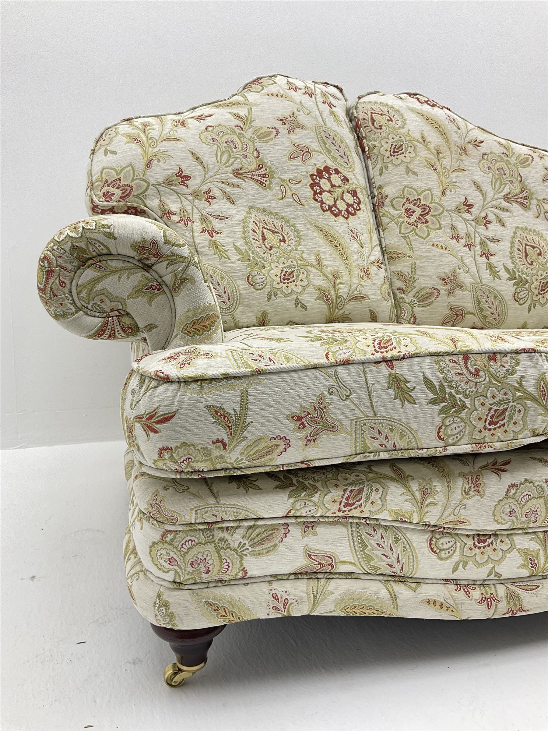 Pair traditional shaped two seat sofas upholstered in floral pattern and cream ground fabric - Image 4 of 4