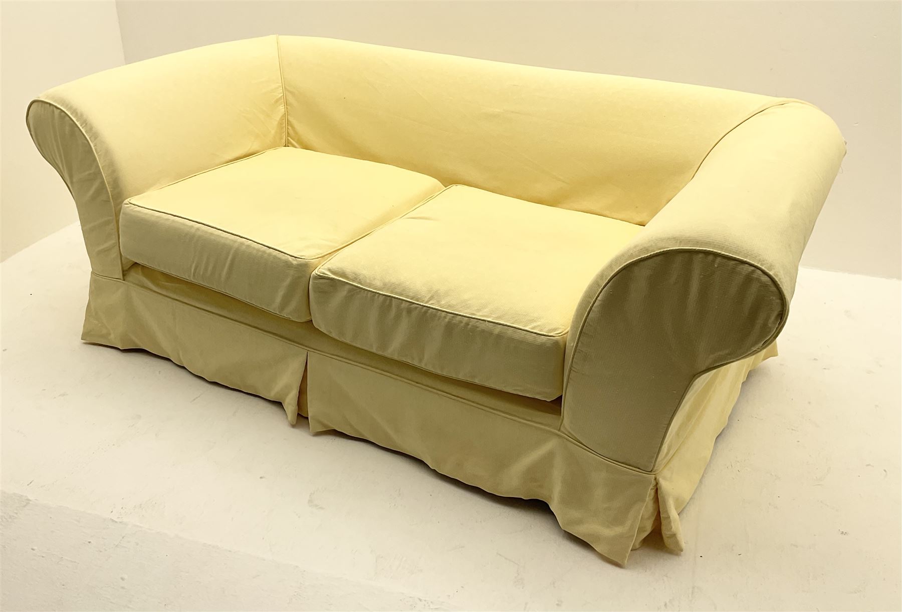 Pair traditional two seat sofas upholstered in pale yellow cover - Image 4 of 6