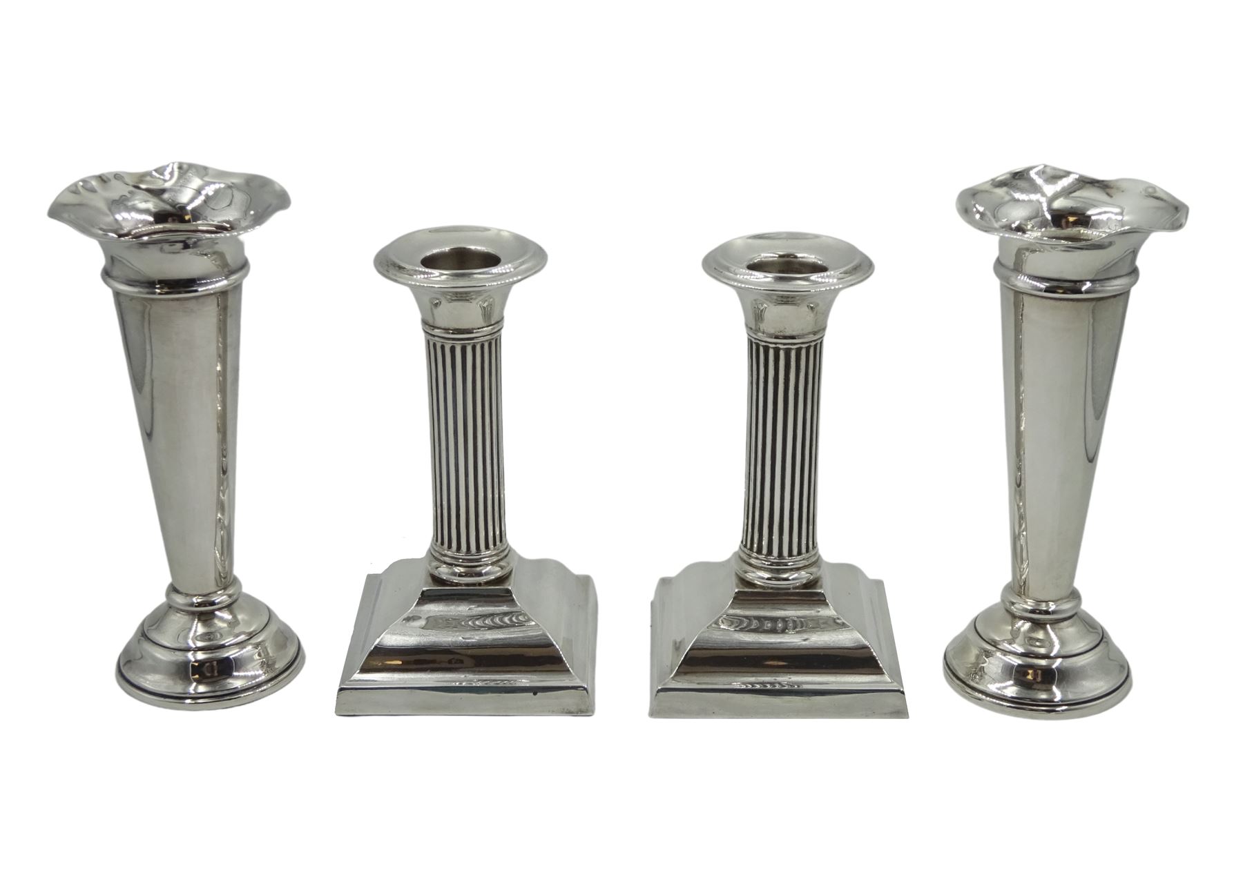 Pair of silver dwarf column candlesticks by Ellis & Co