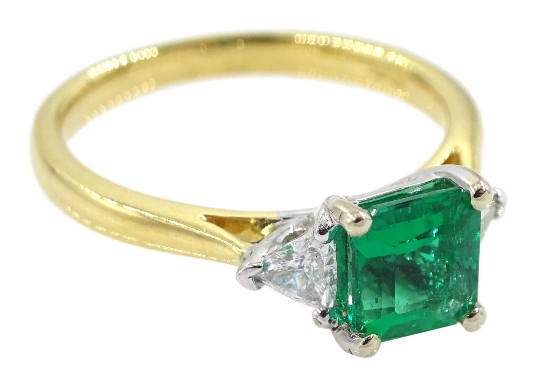 18ct gold three stone fine square cut emerald and trillion cut diamond ring - Image 3 of 4