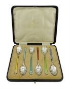 Set of six Art Deco silver and enamel teaspoons by Mappin & Webb