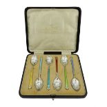 Set of six Art Deco silver and enamel teaspoons by Mappin & Webb