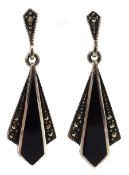 Silver black onyx and marcasite pendant earrings