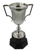 Silver presentation twin handled trophy cup by Joseph Gloster Ltd