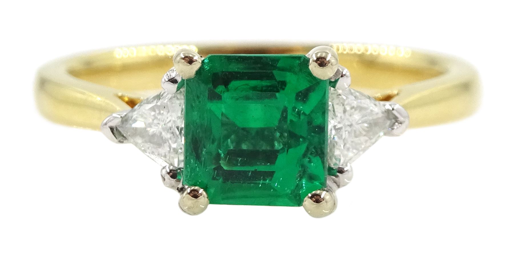 18ct gold three stone fine square cut emerald and trillion cut diamond ring