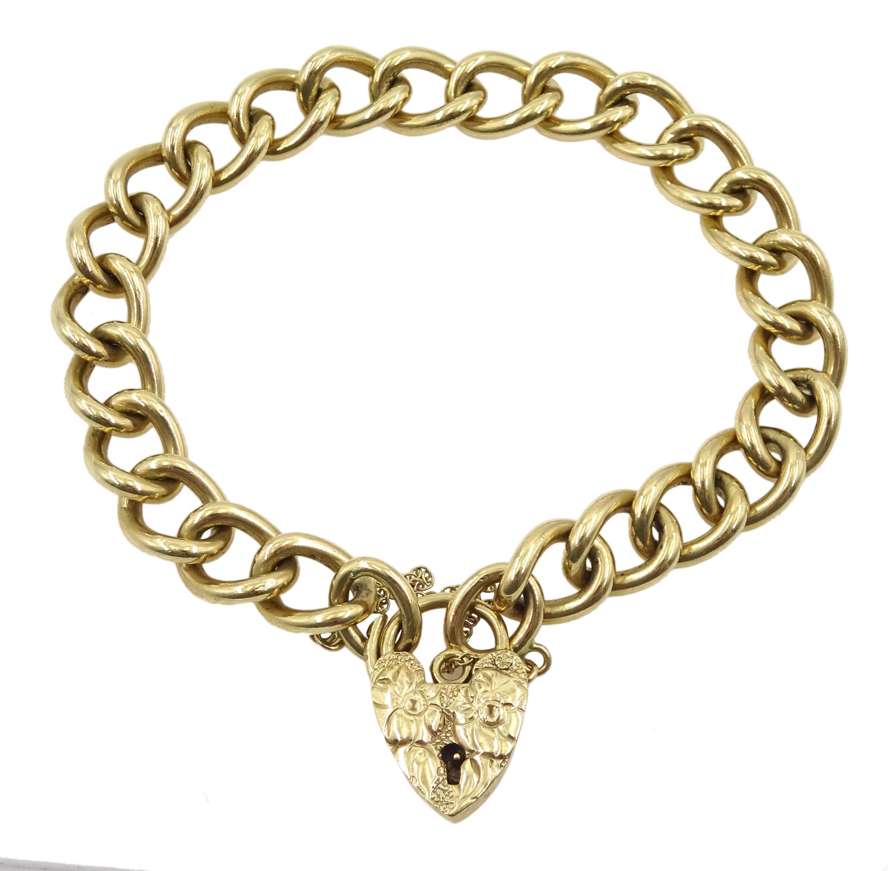 9ct gold curb link bracelet with heart locket clasp hallmarked