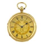Victorian 18ct gold open face key wound English lever fob watch by Thomas Russell & Sons