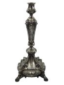 German silver Renaissance Revival candlestick embossed lion mask and nude figure decoration