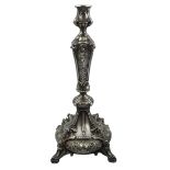 German silver Renaissance Revival candlestick embossed lion mask and nude figure decoration