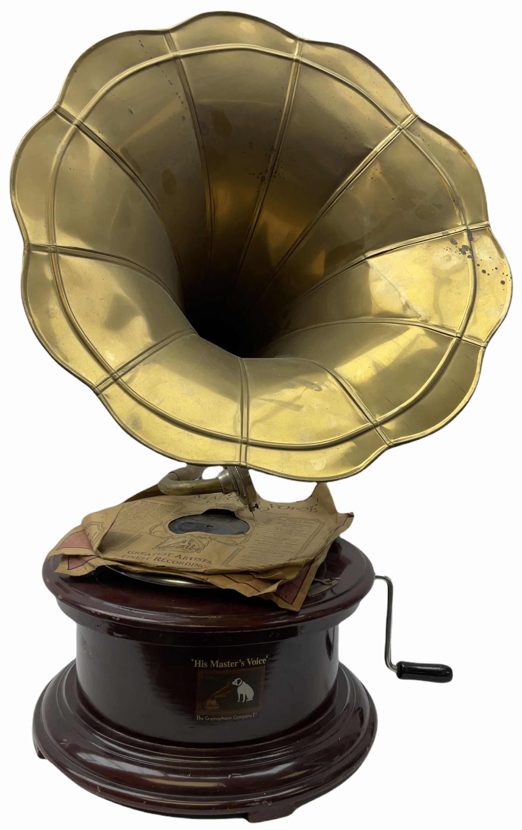 His Master's Voice table top wind up gramophone on a circular wooden base - Image 4 of 8