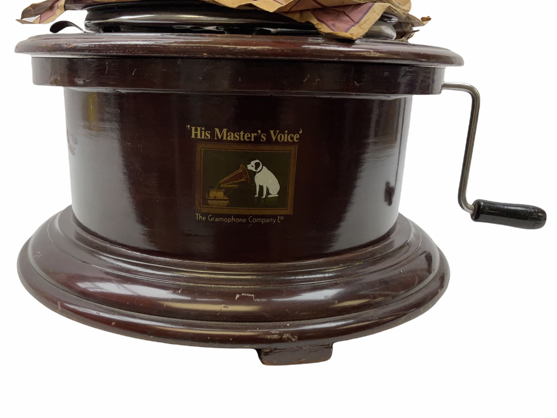 His Master's Voice table top wind up gramophone on a circular wooden base - Image 8 of 8