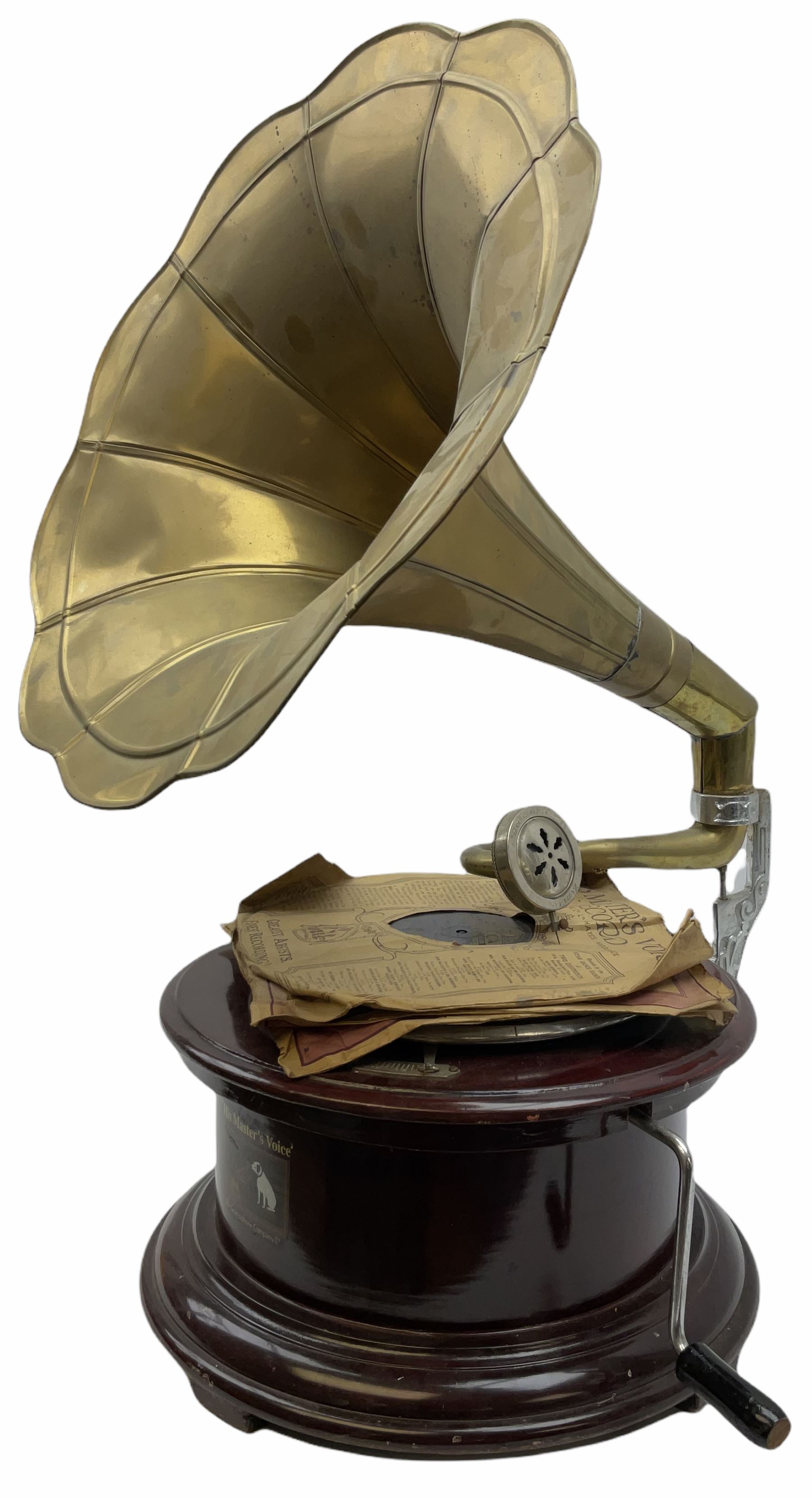 His Master's Voice table top wind up gramophone on a circular wooden base - Image 2 of 8