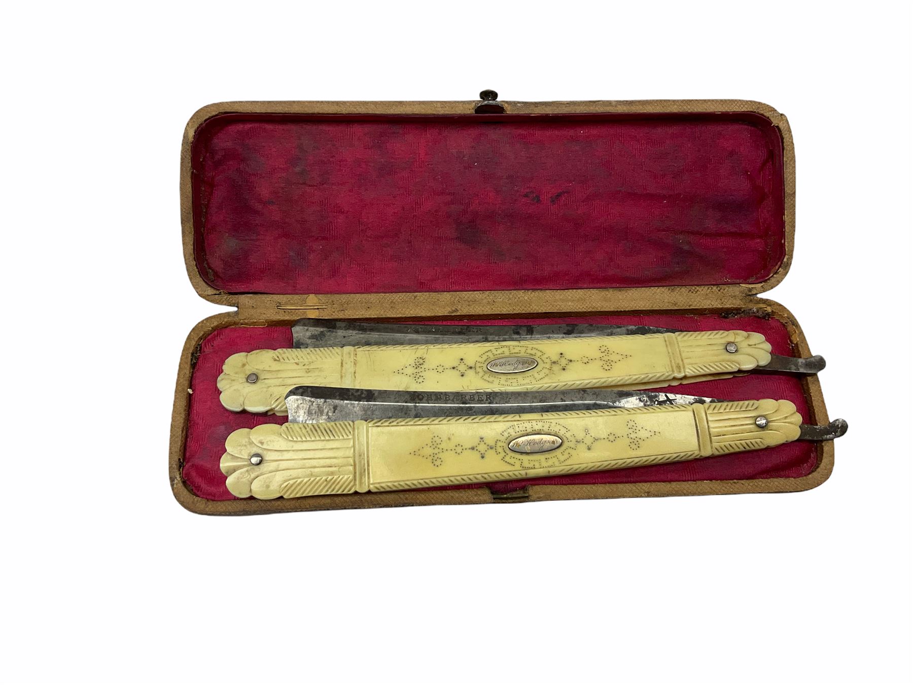 Pair of early 19th century John Barber ivory cut-throat razors with pique work decoration - Image 8 of 10