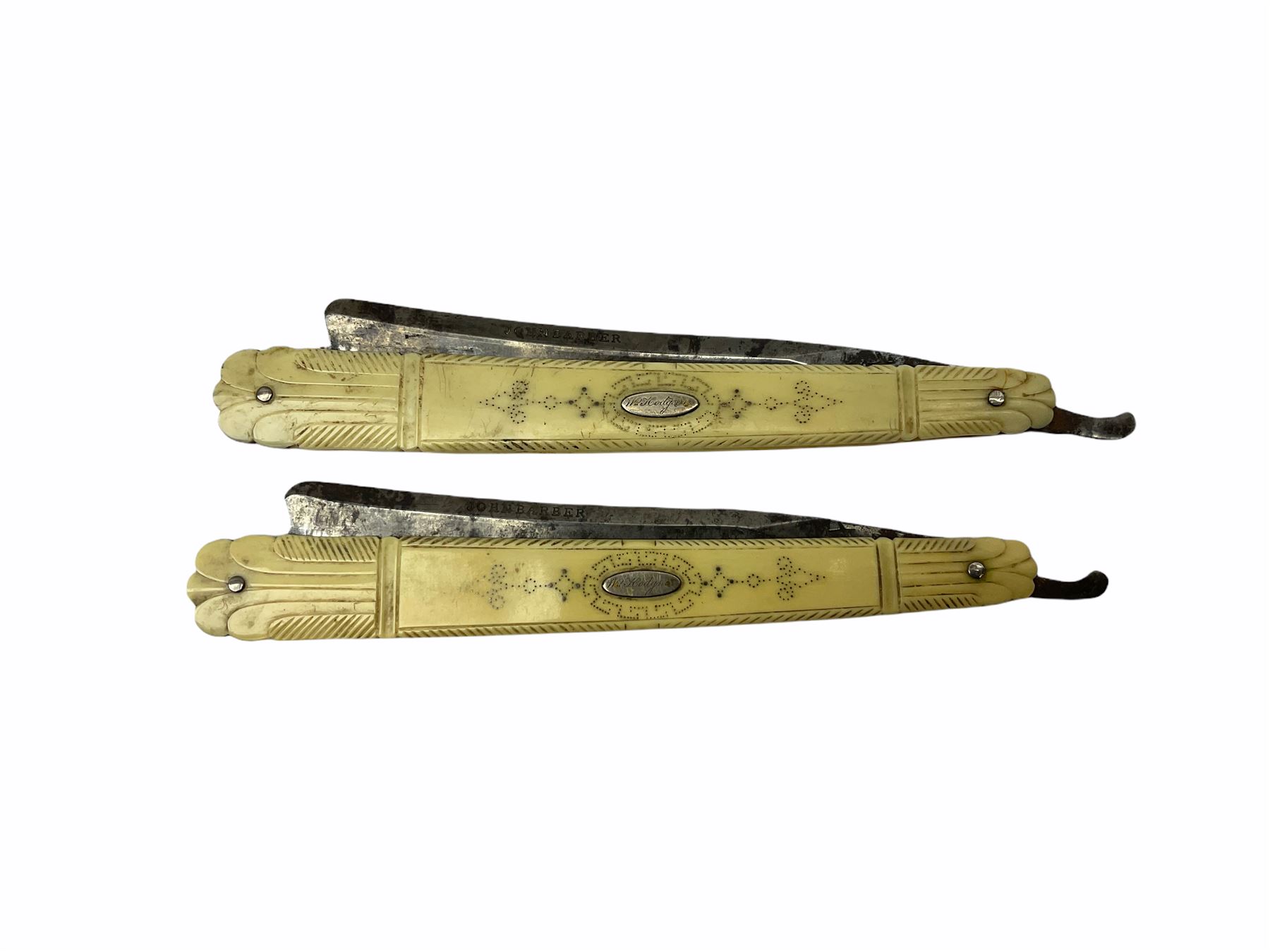 Pair of early 19th century John Barber ivory cut-throat razors with pique work decoration - Image 7 of 10