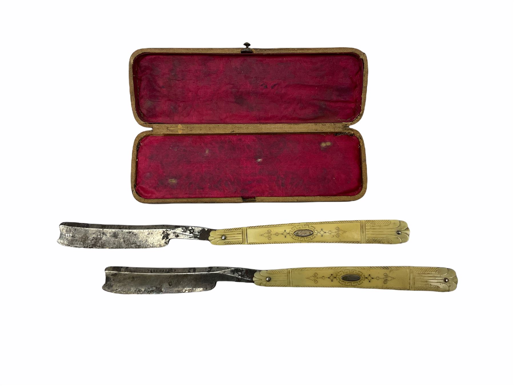 Pair of early 19th century John Barber ivory cut-throat razors with pique work decoration