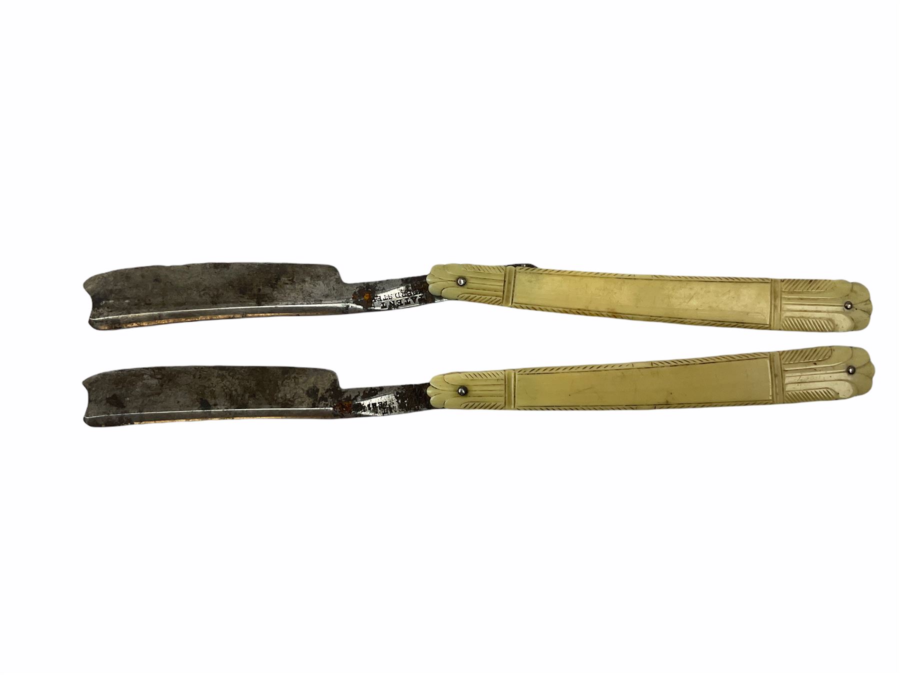 Pair of early 19th century John Barber ivory cut-throat razors with pique work decoration - Image 5 of 10