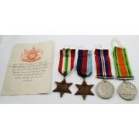 Four WW2 Medals with Entitlement Slip: 1939-45 Star