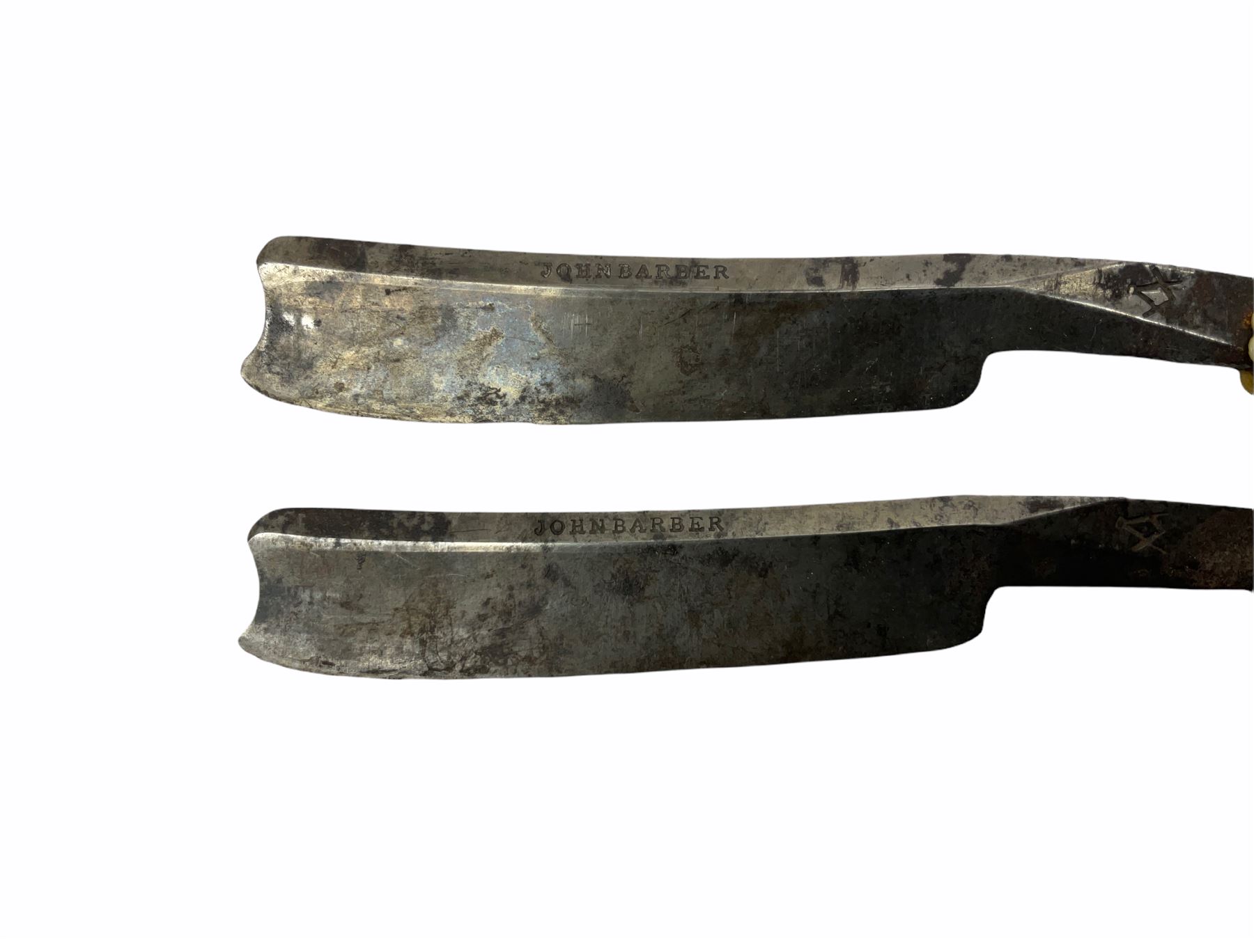 Pair of early 19th century John Barber ivory cut-throat razors with pique work decoration - Image 4 of 10