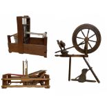 20th century beech spinning wheel H93cm together with a four shaft table hand loom and one other